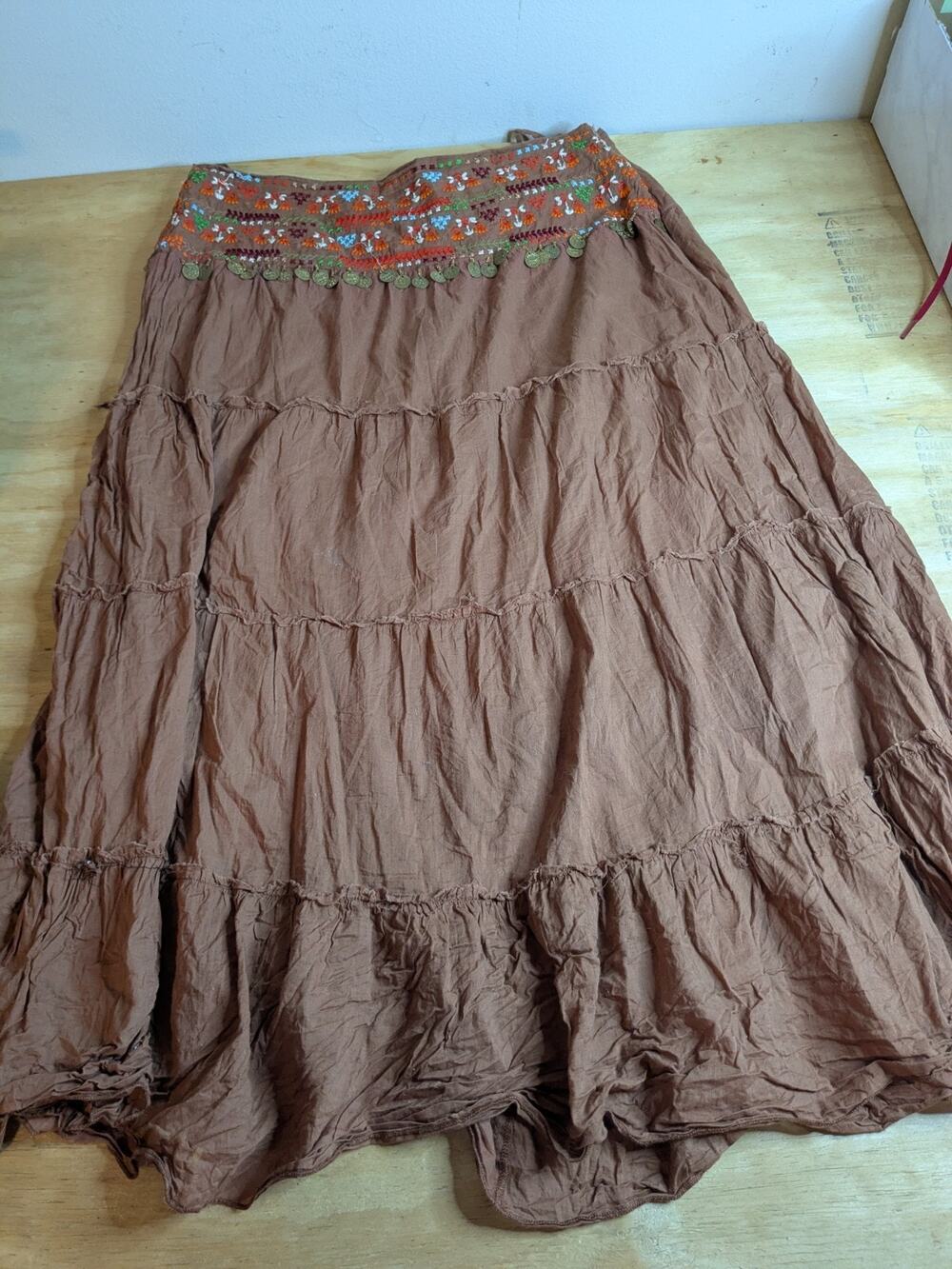 Michel Women's Skirt Sz 8 Brown Boho Festival Skirt Embroidey Bead Midi Length